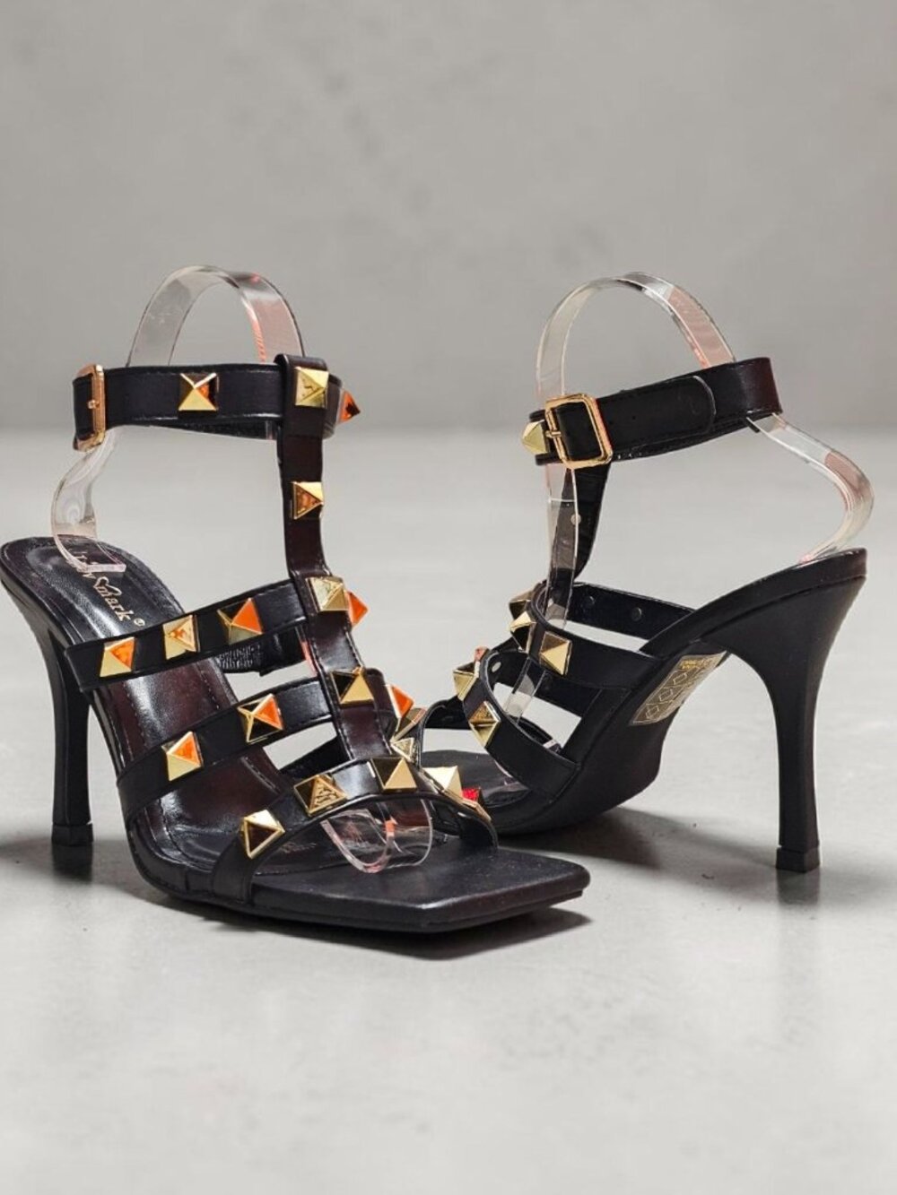 Black Studded High Heel Sandals With Square Toe & Adjustable Ankle Strap